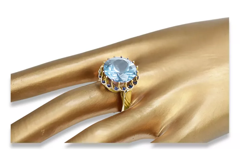 Aquamarine 8-кактовое желтое золото Кольцо Винтаж vrc035x-aq Art Deco Советский винтажный стиль украшений Ар-деко
